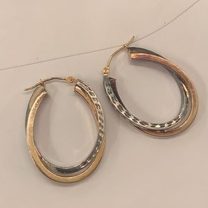 Sterling 14k Gf Textured Oval Hoop Earrings
